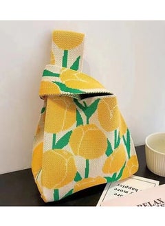 Summer Lemon Print Tote Bag, Yellow and Green Color Scheme, Canvas Material, Playful Fruit Pattern, Knotted Handle Design, Ideal for Beach, Picnics, or Casual Shopping, Stylish and Functional Day Bag for Women