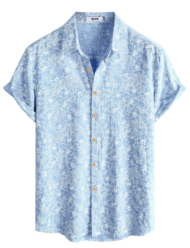 AOTIK Mens Hawaiian Shirt Short Sleeve Button Down Cotton Floral Shirts Casual Tropical Beach Summer Shirts Medium LightBlue - Image 1