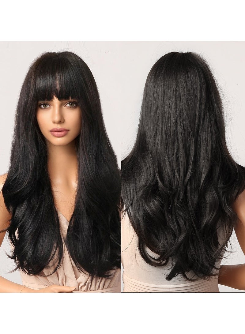 باروكات نسائية سوداء مموجة، باروكات سوداء بشعر طويل مع غُرّة، باروكات صناعية مموجة طويلة مع غُرّة، بشعر كثيف مزدوج الحياكة وناعم مموج طبيعي، باروكات مقاومة للحرارة بتسريحة طبيعية، مناسبة للاستخدام اليومي والحفلات والتنكر (كوسبلاي). - Image 1