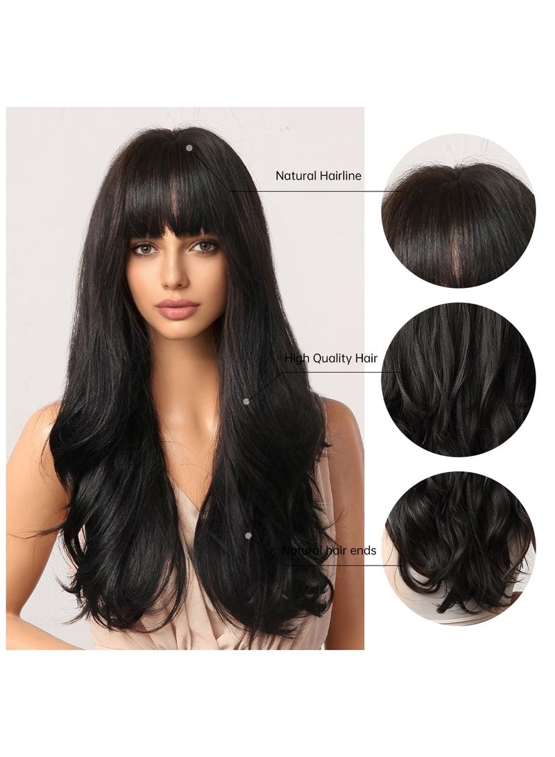 باروكات نسائية سوداء مموجة، باروكات سوداء بشعر طويل مع غُرّة، باروكات صناعية مموجة طويلة مع غُرّة، بشعر كثيف مزدوج الحياكة وناعم مموج طبيعي، باروكات مقاومة للحرارة بتسريحة طبيعية، مناسبة للاستخدام اليومي والحفلات والتنكر (كوسبلاي). - Image 2