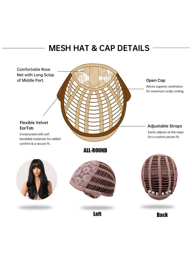 باروكات نسائية سوداء مموجة، باروكات سوداء بشعر طويل مع غُرّة، باروكات صناعية مموجة طويلة مع غُرّة، بشعر كثيف مزدوج الحياكة وناعم مموج طبيعي، باروكات مقاومة للحرارة بتسريحة طبيعية، مناسبة للاستخدام اليومي والحفلات والتنكر (كوسبلاي). - Image 3