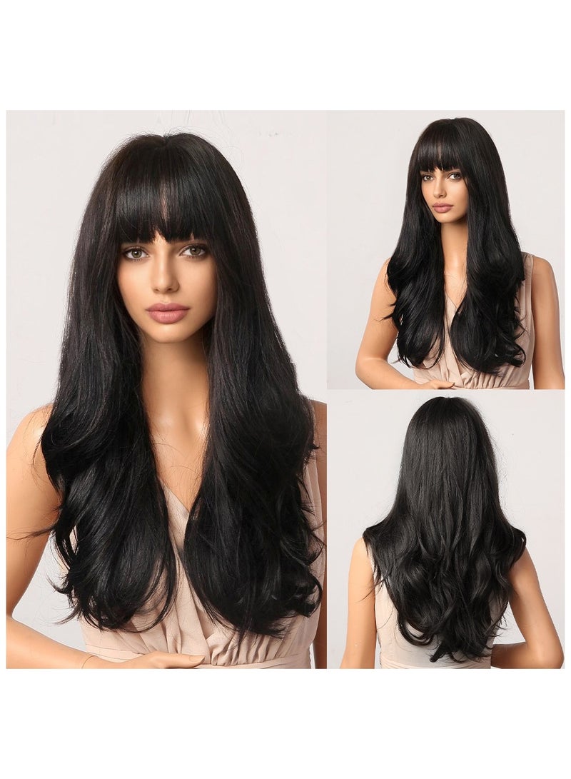 باروكات نسائية سوداء مموجة، باروكات سوداء بشعر طويل مع غُرّة، باروكات صناعية مموجة طويلة مع غُرّة، بشعر كثيف مزدوج الحياكة وناعم مموج طبيعي، باروكات مقاومة للحرارة بتسريحة طبيعية، مناسبة للاستخدام اليومي والحفلات والتنكر (كوسبلاي). - Image 4