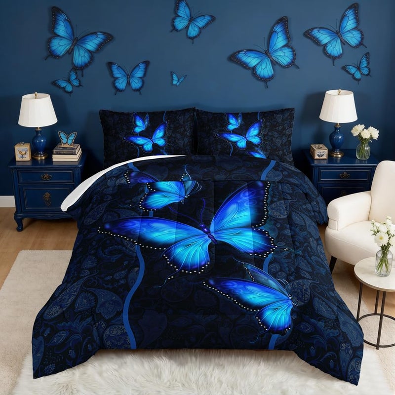 HOSIMA Blue Butterfly Comforter Set for Girls Bedroom SetMandala Bedding Boho Floral Full Comforter SetButterfly Print Bed Set Full Size with 2 Pillowcases - Image 2