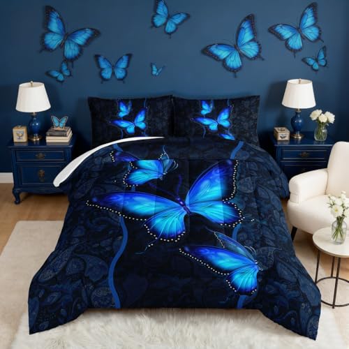 HOSIMA Blue Butterfly Comforter Set for Girls Bedroom SetMandala Bedding Boho Floral Full Comforter SetButterfly Print Bed Set Full Size with 2 Pillowcases - Image 1