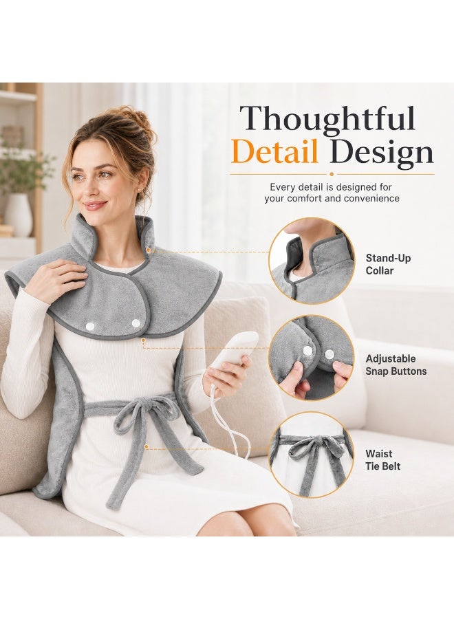 Celeritek Electric Heating Pad for Neck Shoulder and Back with 6 Heating Settings and 4 Timer Functions, Large Size Heated Wrap with Auto Shut Off, Machine Washable, Silver Gray, 37x24 inch(94*61 CM) - Image 5