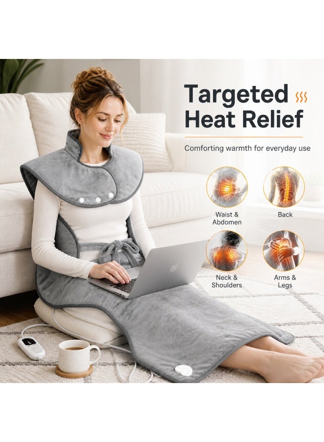 Celeritek Electric Heating Pad for Neck Shoulder and Back with 6 Heating Settings and 4 Timer Functions, Large Size Heated Wrap with Auto Shut Off, Machine Washable, Silver Gray, 37x24 inch(94*61 CM) - Image 2