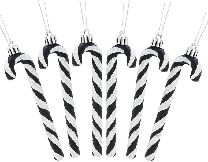 PACK OF 613CM GLITTER CANDY CANE CHRISTMAS TREE DECORATIONSORNAMENTS BLACK WHITE