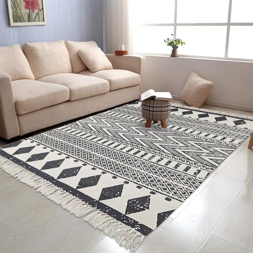 USTIDE Black & Cream Living Room Rug, Boho Runner Farmhouse Retro Shag Rag Rugs Large Natural Cotton Accent Area Rug Washable (4ftx6ft, Black&White) - Image 1