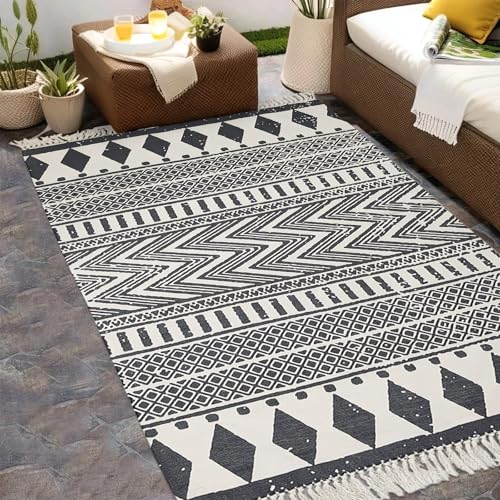USTIDE Black & Cream Living Room Rug, Boho Runner Farmhouse Retro Shag Rag Rugs Large Natural Cotton Accent Area Rug Washable (4ftx6ft, Black&White) - Image 5