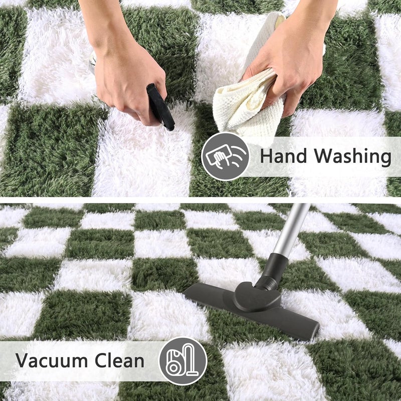 FALARK Rugs for Living Room Bedroom, 5x7 ft Dark Green and White Checkered Area Rug, Fluffy Soft Washable Carpet, Modern Non-Slip Shag Carpets for Boys Girls Nursery Home Aesthetic Decor Room - Image 5