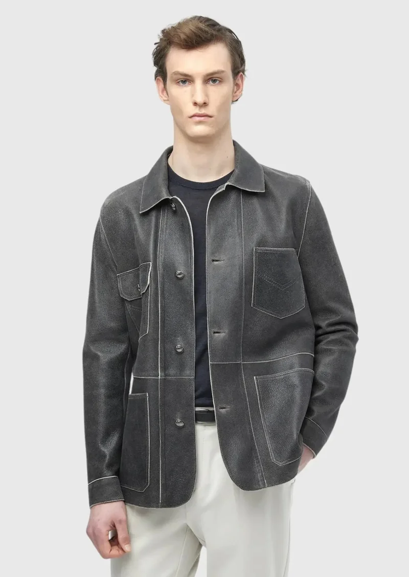 رامسي قميص هارد كول بقصة عادية وياقة جلدية، معطف جلدي كاجوال