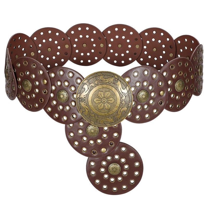 LEACOOLKEY Women's Boho Disc Belt Wide Western Leather Belt Vintage Concho Waist Belts for Dress Jeans - Image 1