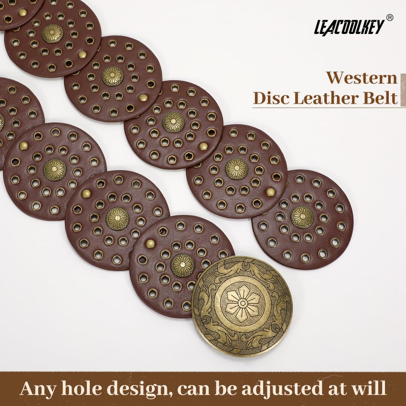 LEACOOLKEY Women's Boho Disc Belt Wide Western Leather Belt Vintage Concho Waist Belts for Dress Jeans - Image 3