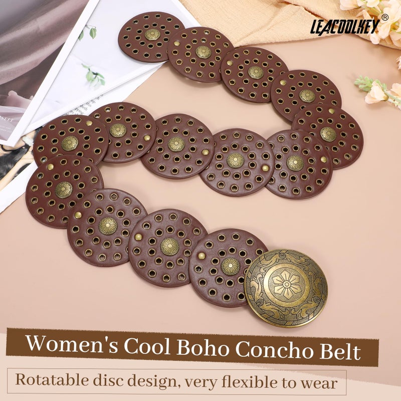 LEACOOLKEY Women's Boho Disc Belt Wide Western Leather Belt Vintage Concho Waist Belts for Dress Jeans - Image 2