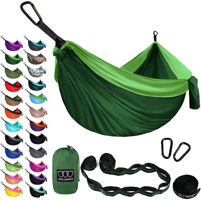 Gold Armour Gold Armour Camping Hammock - XL Double Hammock Portable Hammock Camping Accessories Gear for Outdoor Indoor with Tree Straps, USA Based Brand (Green)  - Image 1