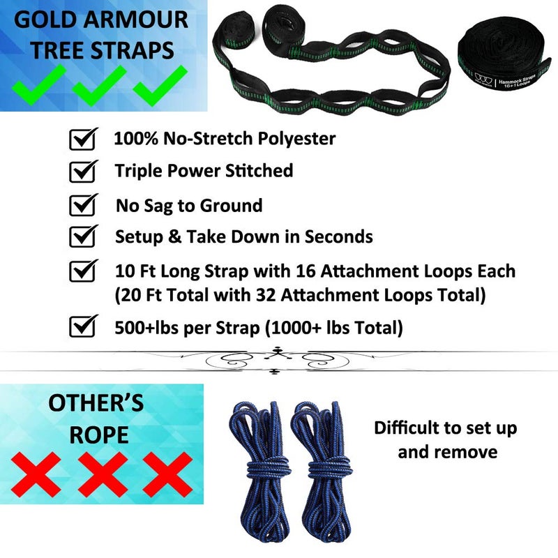 Gold Armour Gold Armour Camping Hammock - XL Double Hammock Portable Hammock Camping Accessories Gear for Outdoor Indoor with Tree Straps, USA Based Brand (Green)  - Image 4