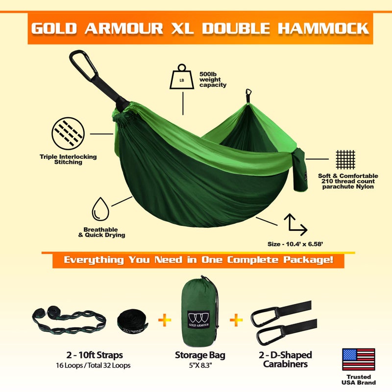 Gold Armour Gold Armour Camping Hammock - XL Double Hammock Portable Hammock Camping Accessories Gear for Outdoor Indoor with Tree Straps, USA Based Brand (Green)  - Image 2