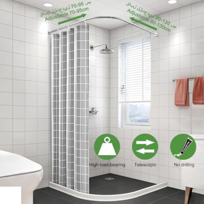 Shower Curtain Rods L Shaped Curved Shower Pole Telescopic 70-95CM×90-130CM Adjustable with Base, Stainless Steel Extendable Cloth Rail for Bathroom Cloakroom Clothing Store Private Space, No Drilling - Image 2