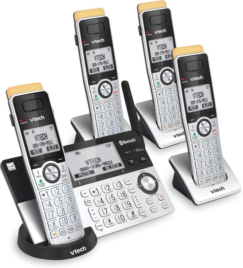 VTech IS8151-4 Super Long Range 4 Handset Cordless Phone with Answering Machine, 2300 ft Range, Call Blocking, Bluetooth, Silver/Black - Image 1