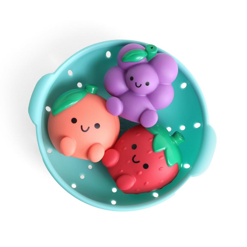 Itzy Ritzy Bath Squirter Toys â€“ Set of 3 Textured, Fruit-Shaped Bath Toys & 1 Sprinkle Strainer â€“ Itzy Splash Pals Promote Sensory Play, Cause & Effect, & Motor Skill Development â€“ 6 Mos & Up (Fruit) - Image 1