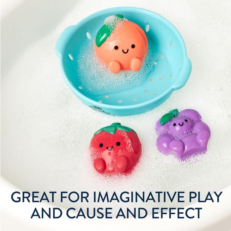 Itzy Ritzy Bath Squirter Toys â€“ Set of 3 Textured, Fruit-Shaped Bath Toys & 1 Sprinkle Strainer â€“ Itzy Splash Pals Promote Sensory Play, Cause & Effect, & Motor Skill Development â€“ 6 Mos & Up (Fruit) - Image 5