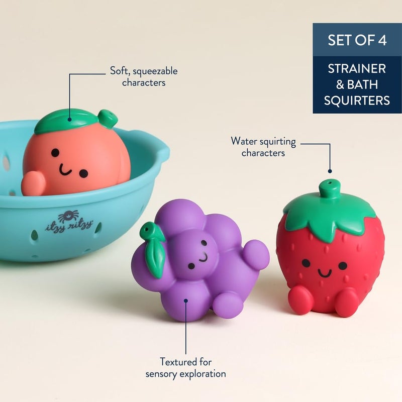 Itzy Ritzy Bath Squirter Toys â€“ Set of 3 Textured, Fruit-Shaped Bath Toys & 1 Sprinkle Strainer â€“ Itzy Splash Pals Promote Sensory Play, Cause & Effect, & Motor Skill Development â€“ 6 Mos & Up (Fruit) - Image 4