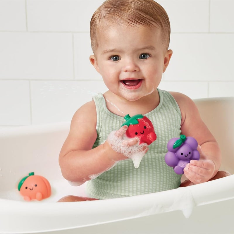 Itzy Ritzy Bath Squirter Toys â€“ Set of 3 Textured, Fruit-Shaped Bath Toys & 1 Sprinkle Strainer â€“ Itzy Splash Pals Promote Sensory Play, Cause & Effect, & Motor Skill Development â€“ 6 Mos & Up (Fruit) - Image 2