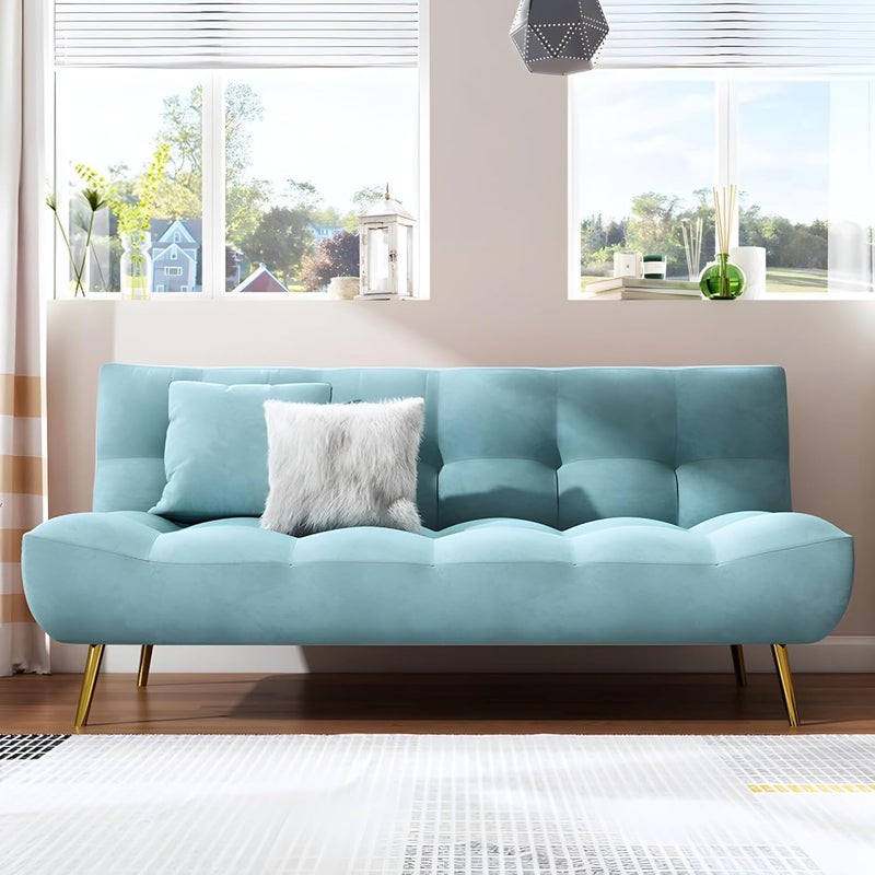Scandinavian Tufted Back Couch Armless Sofa Bed with Brass Legs - Convertible Sleeper for Living Room, Bedroom, or Office (Sky Blue)