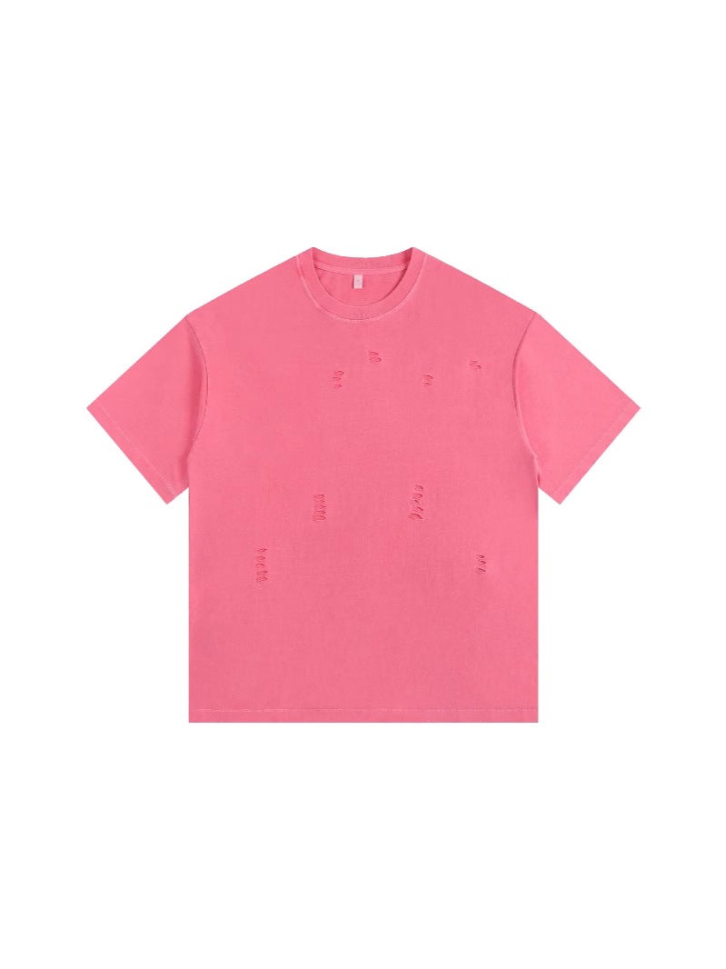 260G Retro Washing Technology Loose Plus Size Round Neck Short Sleeve Dazzle Dyed Cotton Chest Hole Short Sleeve Men'S Basic - Image 4