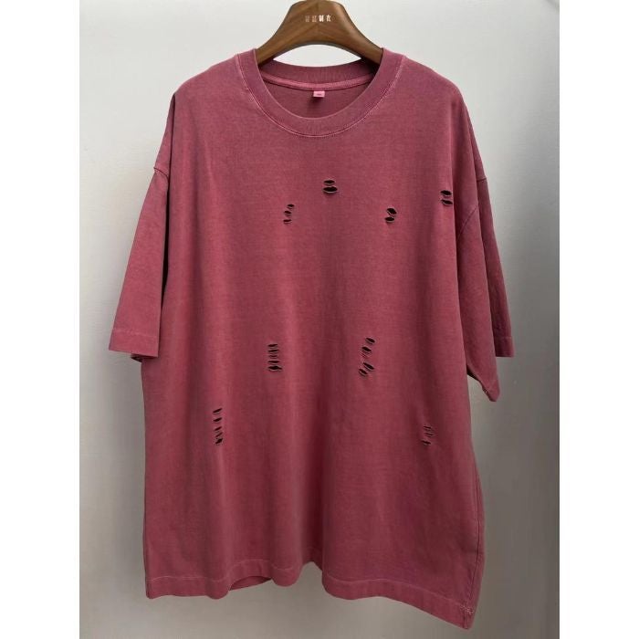 260G Retro Washing Technology Loose Plus Size Round Neck Short Sleeve Dazzle Dyed Cotton Chest Hole Short Sleeve Men'S Basic - Image 1