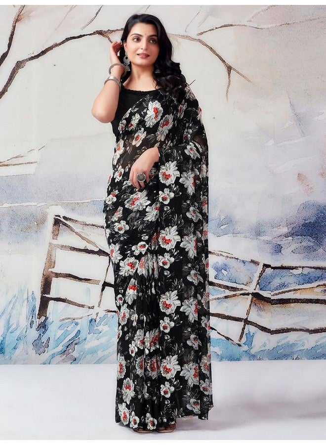 Satrani Women's Georgette Floral Printed Satin Patta Saree with Unstitched Blouse Piece (3633S101N_Black) - Image 2