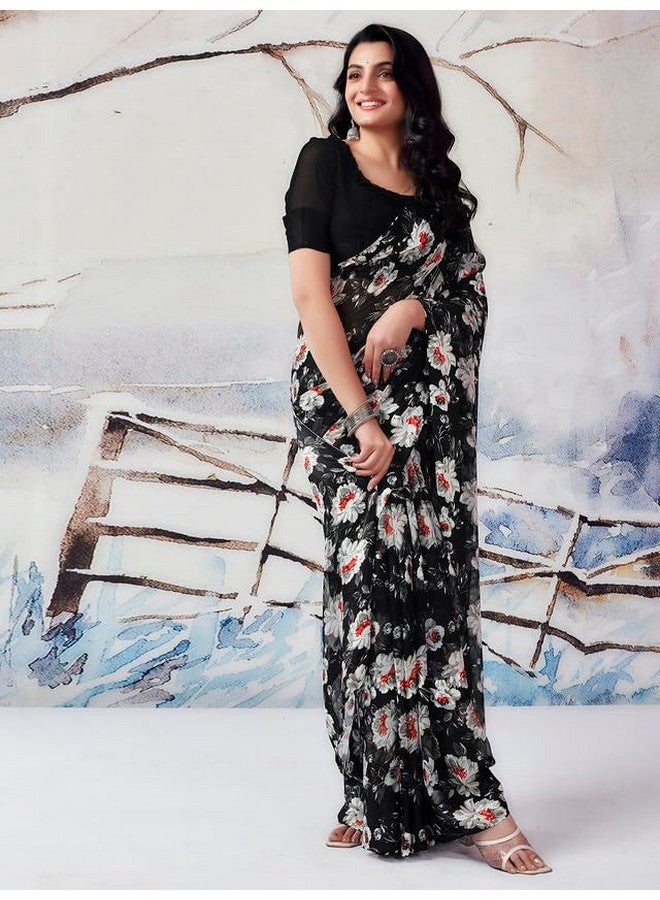 Satrani Women's Georgette Floral Printed Satin Patta Saree with Unstitched Blouse Piece (3633S101N_Black) - Image 5