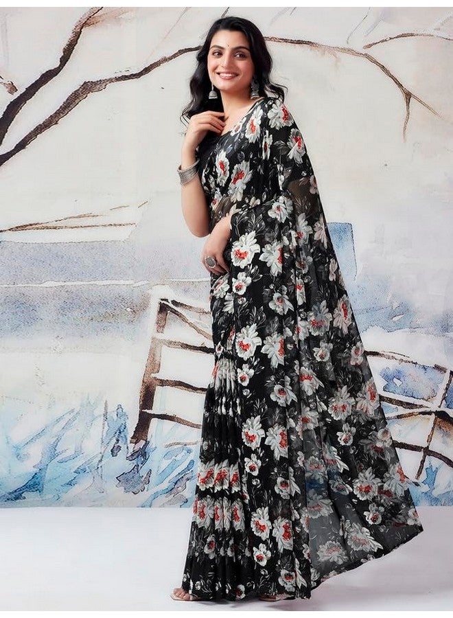 Satrani Women's Georgette Floral Printed Satin Patta Saree with Unstitched Blouse Piece (3633S101N_Black) - Image 4