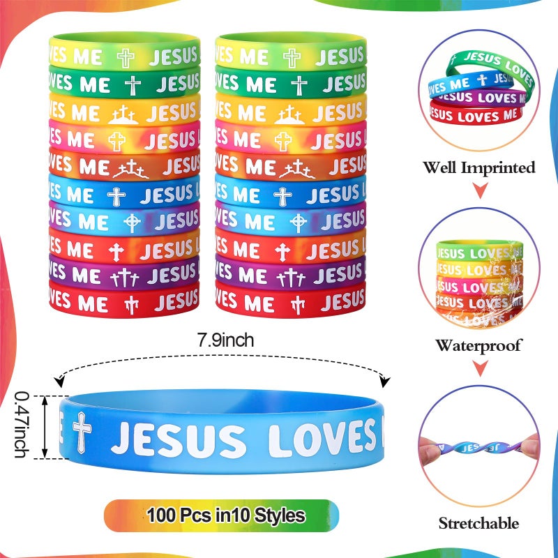 Pullcrease 100 Pcs Jesus Loves Me Wristbands Bulk 10 Styles Rainbow Religious Silicone Bracelets Vbs Party Favors Gifts Christian Cross Silicone Wristbands Gift For Sunday School Church Group - Image 2
