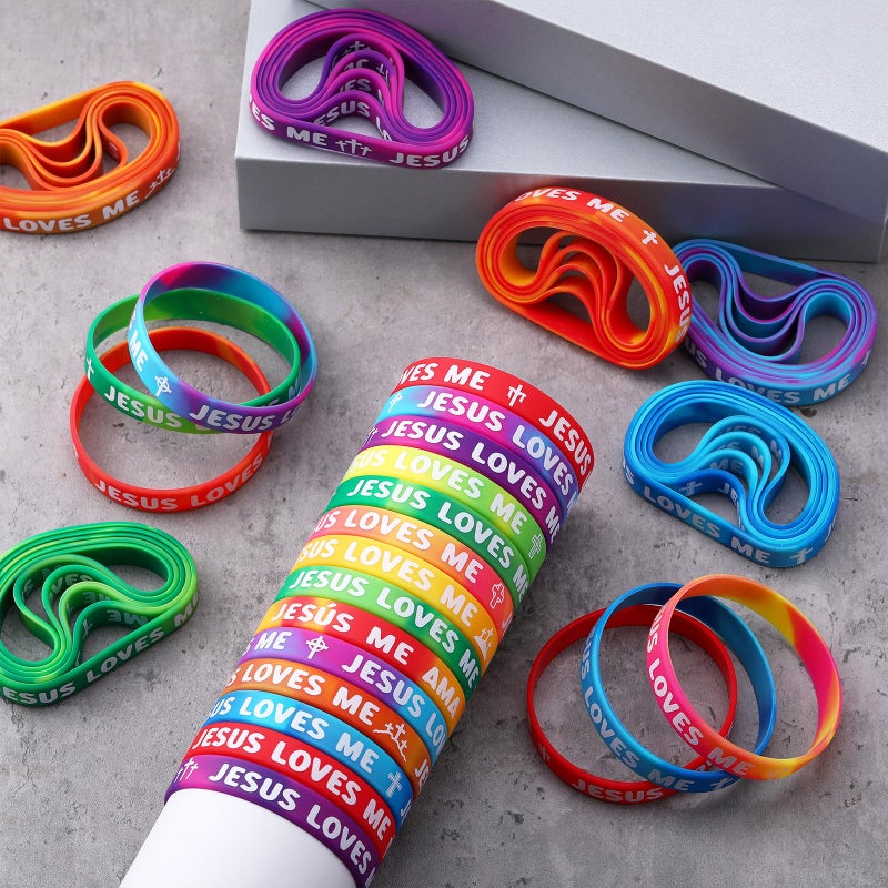 Pullcrease 100 Pcs Jesus Loves Me Wristbands Bulk 10 Styles Rainbow Religious Silicone Bracelets Vbs Party Favors Gifts Christian Cross Silicone Wristbands Gift For Sunday School Church Group - Image 3