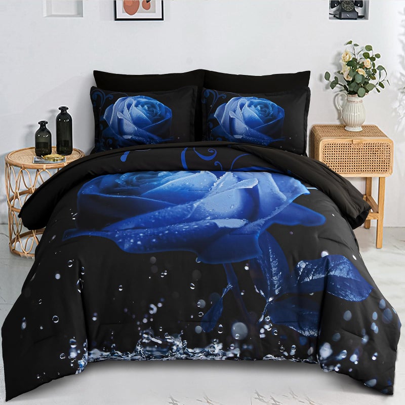 Xruibed Floral Comforter Queen Blue Bed In A Bag Rose Water Droplets Design 7Pcs Comforter Set Soft Micorfiber Bedding Set (1 Comforter 2 Pillow Shams 1 Flat Sheet 1 Fitted Sheet 2 Pillowcases) - Image 1