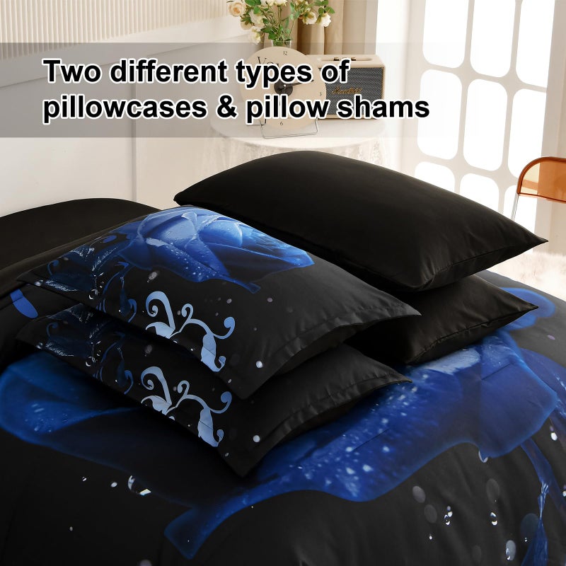 Xruibed Floral Comforter Queen Blue Bed In A Bag Rose Water Droplets Design 7Pcs Comforter Set Soft Micorfiber Bedding Set (1 Comforter 2 Pillow Shams 1 Flat Sheet 1 Fitted Sheet 2 Pillowcases) - Image 5