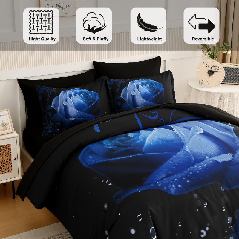Xruibed Floral Comforter Queen Blue Bed In A Bag Rose Water Droplets Design 7Pcs Comforter Set Soft Micorfiber Bedding Set (1 Comforter 2 Pillow Shams 1 Flat Sheet 1 Fitted Sheet 2 Pillowcases) - Image 4
