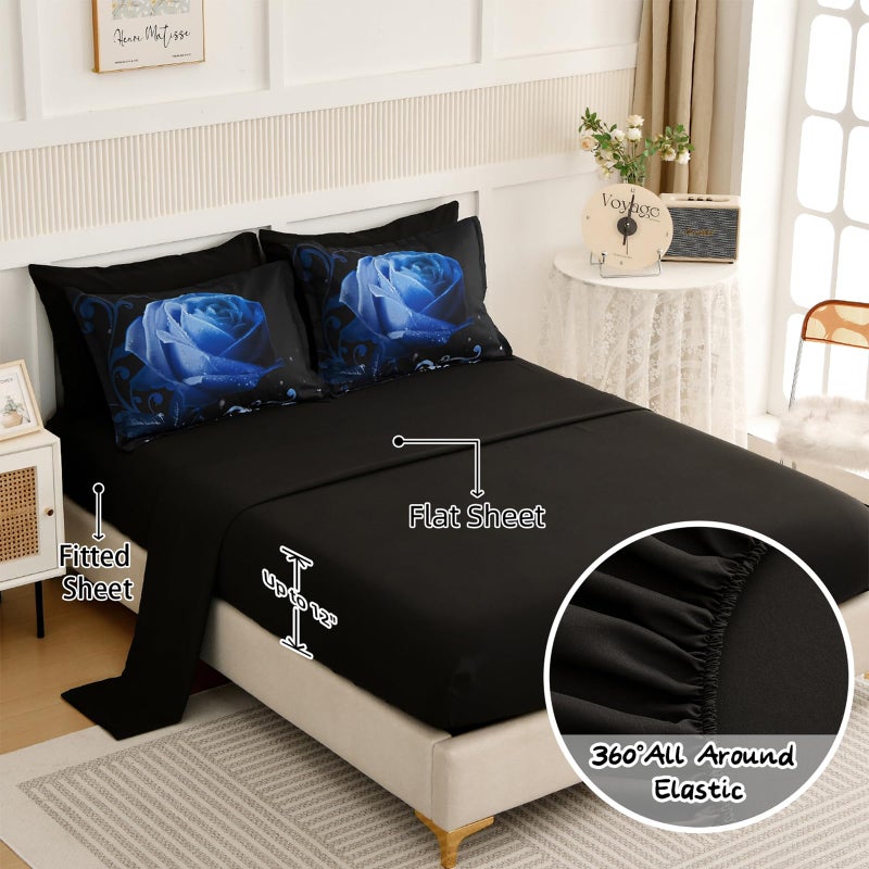 Xruibed Floral Comforter Queen Blue Bed In A Bag Rose Water Droplets Design 7Pcs Comforter Set Soft Micorfiber Bedding Set (1 Comforter 2 Pillow Shams 1 Flat Sheet 1 Fitted Sheet 2 Pillowcases) - Image 3
