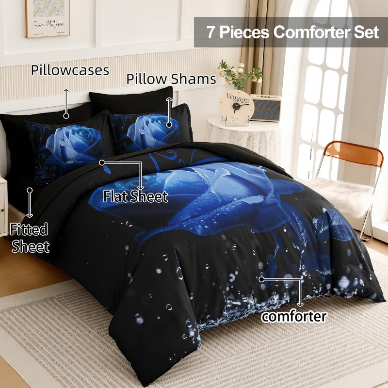 Xruibed Floral Comforter Queen Blue Bed In A Bag Rose Water Droplets Design 7Pcs Comforter Set Soft Micorfiber Bedding Set (1 Comforter 2 Pillow Shams 1 Flat Sheet 1 Fitted Sheet 2 Pillowcases) - Image 2