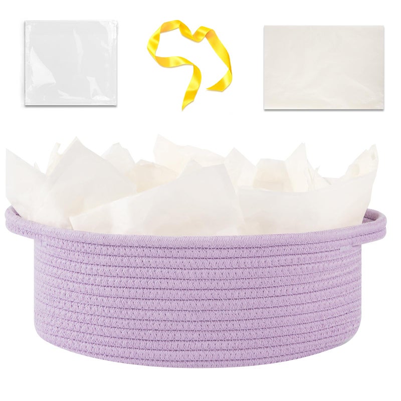 OIAHOMY Gift Basket with Handle, Small Woven Basket with Gift Bagï¼ŒRibbon and Wrap Tissue Paperï¼ŒNursery Bins Empty to Fill with Small Items, Babyï¼ŒPet Toy Organizer - Lilac Purple - Image 1