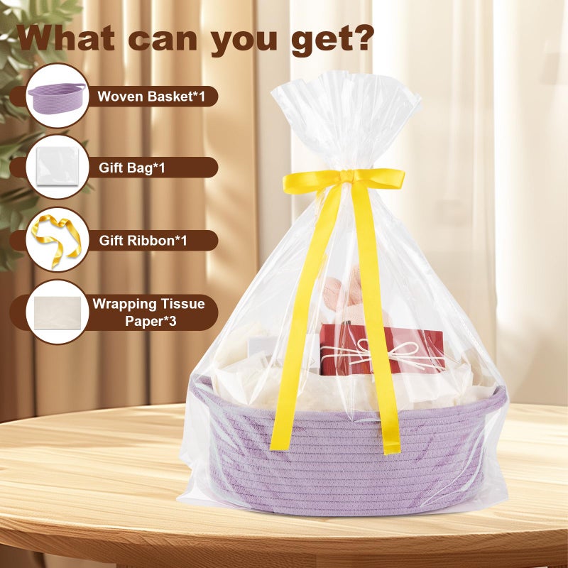 OIAHOMY Gift Basket with Handle, Small Woven Basket with Gift Bagï¼ŒRibbon and Wrap Tissue Paperï¼ŒNursery Bins Empty to Fill with Small Items, Babyï¼ŒPet Toy Organizer - Lilac Purple - Image 2