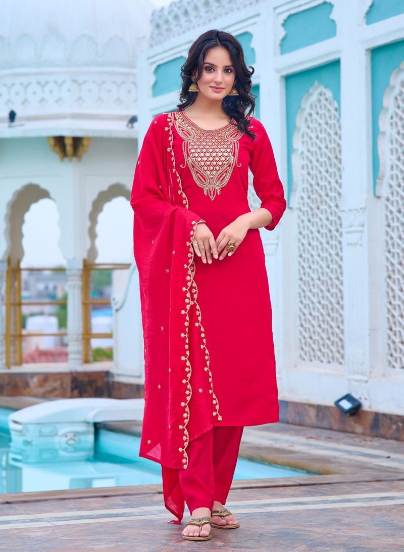 Women Designer Kurta with Pant and heavy embroidery Dupatta Set  - Image 1
