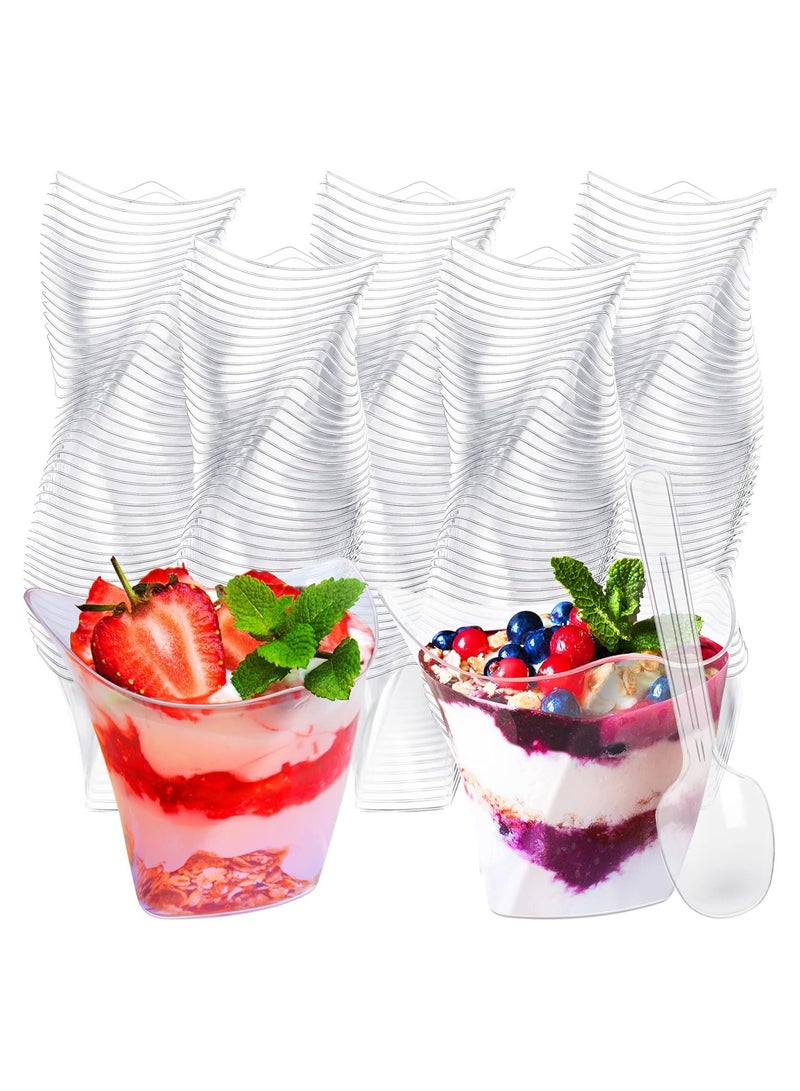 SOLARAE 200PCS Plastic Dessert Cups without Lids, 4.5 oz Mini Clear Dessert Cups with Spoons, Disposable Trifle Mousse Dessert Cup, Triangular Parfait Appetizers Tumbler Pudding Fruit Serve Cup, for Party - Image 1