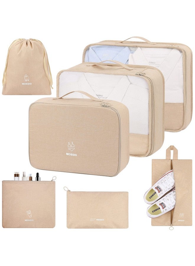 Mossio 6 Set Packing Cubes with Shoe Bag - Travel Luggage Organizer for Carry On Suitcase, Khaki - Image 1