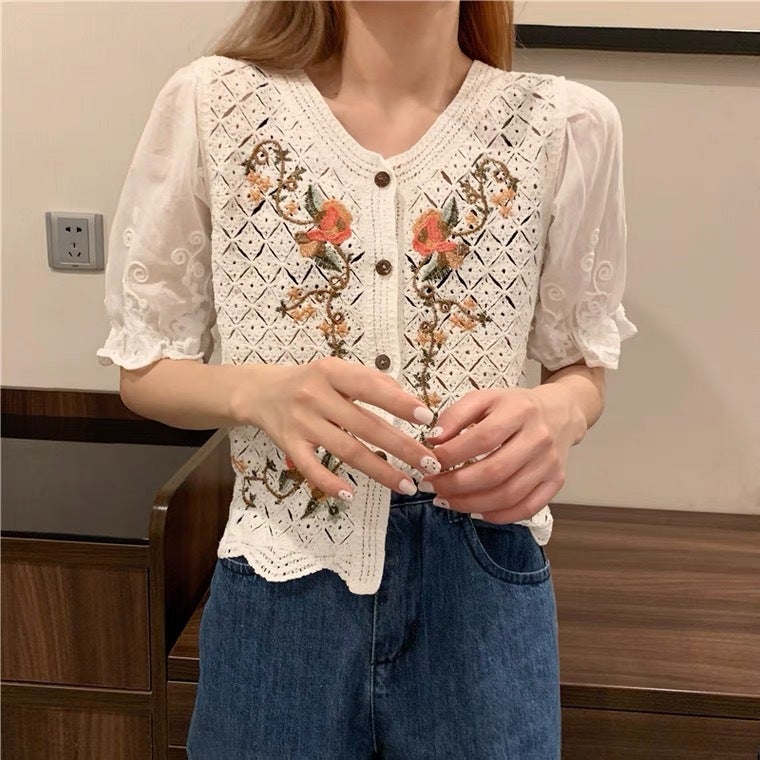 New Lace Chiffon Short-sleeved Hollow Cardigan Women's and Summer Korean Style Stitching Trendy V-neck Fashion Knitted Sweater