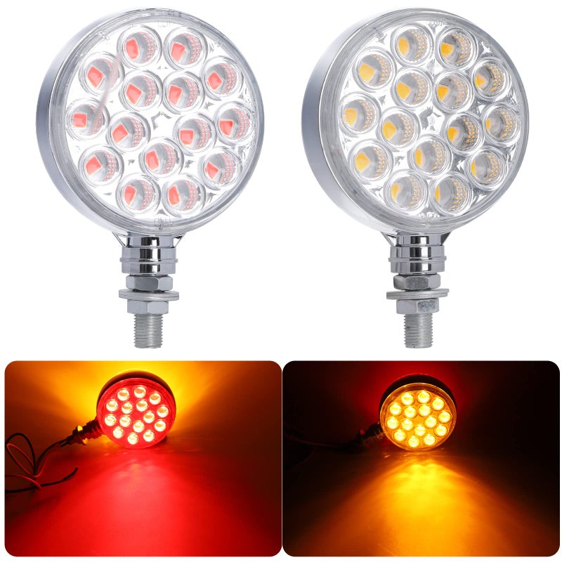 OGATOO Double-Face Pedestal Fender Light Round Amber Stud Mount, 3 Inch 30 LED Clear Lens Rear Stop Turn Tail Signal Trailer Light for Semi Truck Peterbilt Kenworth Freightliner Towing Truck 2 Packs - Image 1