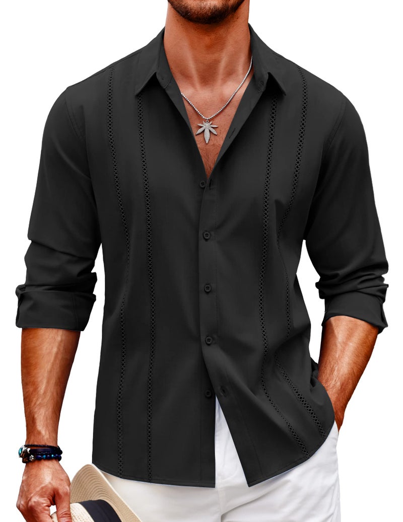 COOFANDY Men's Linen Beach Shirts Casual Cuban Guayabera Shirt Long Sleeve Button Up Shirts Black - Image 1
