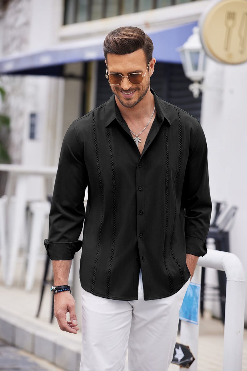 COOFANDY Men's Linen Beach Shirts Casual Cuban Guayabera Shirt Long Sleeve Button Up Shirts Black - Image 4