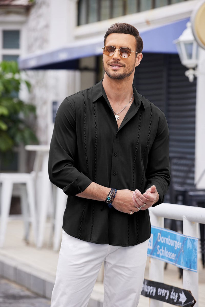 COOFANDY Men's Linen Beach Shirts Casual Cuban Guayabera Shirt Long Sleeve Button Up Shirts Black - Image 3